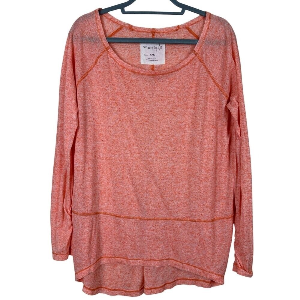 Free People We The Free Heathered Coral Linen Blend Oversized Long Sleeve Top M